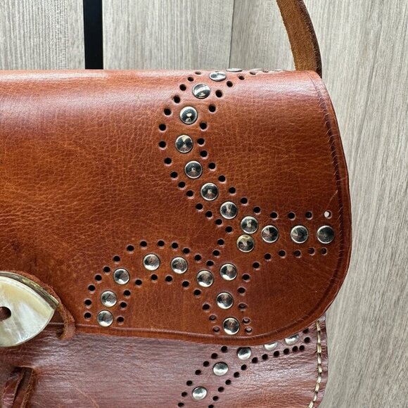 Vintage Studded Shoulder Purse Tassel Flap Adjustable Leather Brown - Picture 7 of 13